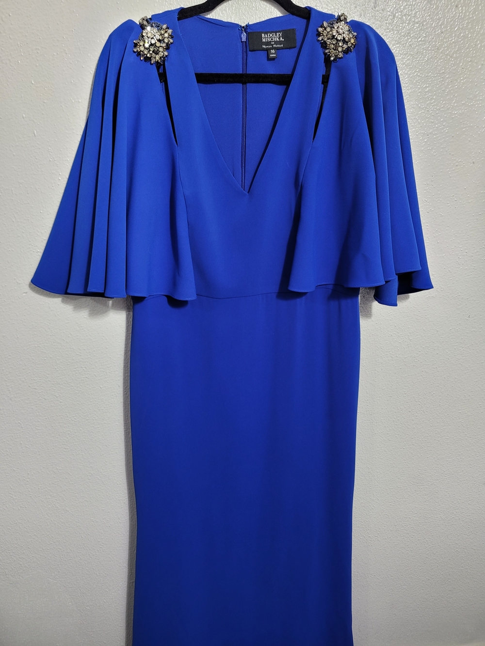 Badgley Mischka Royal Blue Cape-Sleeve Evening Gown with Jeweled Shoulders